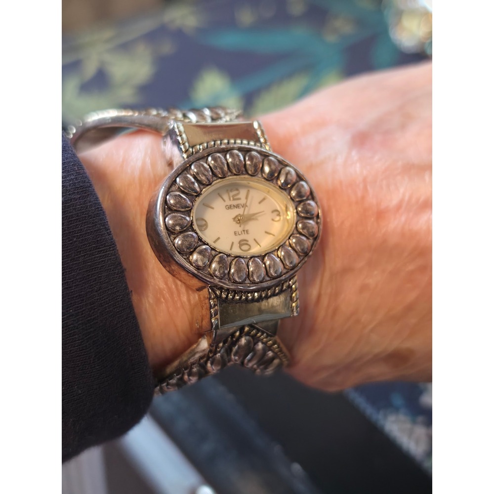 Geneva Elite Silver Tone Cuff Bangle Watch Oval Face Western Boho Style #2440